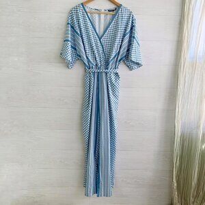 NWT Bloomchic - Blue & white geometric short sleeve jumpsuit sash, sz 14-16